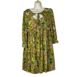 Entro Anthropologie Floral long sleeve yellow bohemian midi dress size L new